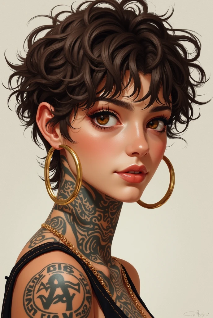 Woman with a choker, tattoos, female, detailed portrait, detailed female portrait, black and curly hair, vivid brown eyes, portrait, hyper realistic, pores, light freckles, wrinkles, apparent skin imperfections, dynamic lighting, volumetric shading, senary night, ultra detailed face, cinematic, ultra detailed, concept art, illustration 4d, 16k. --auto --s2