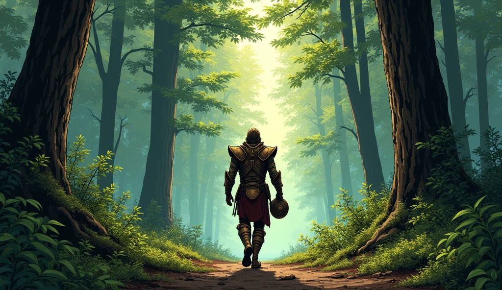 Arav Begins His Journey
Description: In a comic style, Arav is shown walking through a dense forest, determined but still troubled. He’s wearing the same bronze armor, though he has removed his helmet. The path is rugged, with tall trees on either side, and the forest is bathed in the soft light of early morning.
