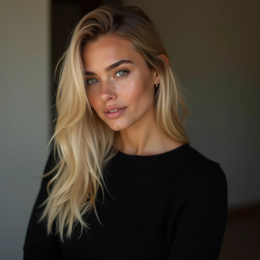 Photo of Sophie rain, best quality, she is wearing a black sweater, soft lighting, gorgeous, blonde woman, Hispanic,
