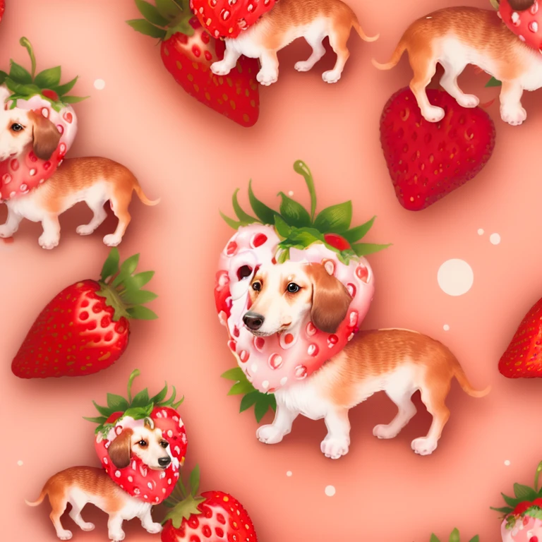 a close up of a dog with a strawberry on it's head, strawberry fields forever, Dachshund, strawberry, strawberry, fight with strawberry, By Jacka Kemp, Seamless pattern design, made in illustrator, sausage, author：Eva Schwankmajerova, Lovely artwork, strawberry embellishment, author Silvia Dimitrova, wallpaper!