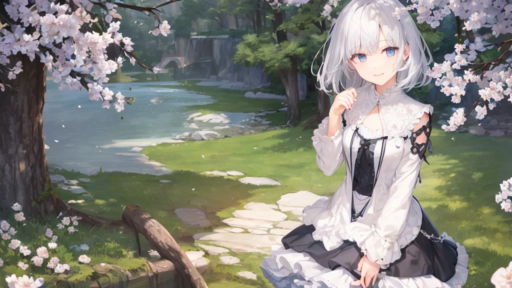 Ultra HD,Look at the viewers, Place your hands behind your back, and, 20-year-old, 非常にshort hair, Long bangs between the eyes, Pale blue eyes, Very detailed,(masterpiece、Highest quality),Gray Hair、Laughter、wonderful, Silver Hair, iris, short hair、 Fluttering Hair、Small face、明るいsmile、(Detailed face) ,Professional Lighting,wonderful風景,blue sky, sunlight,Looking down from above,Portraiture、Open your mouth、Flower Field、Her eyes were shining、Mysterious and enchanting atmosphere。With AI Painting、andてもshort hair, Long bangs between the eyes, Very detailed,(masterpiece、Highest quality)、alone、Gray Hair、Fantasy, Silver Hair, Fantasyな風景、smile、Open your mouth、short hair、short hair、hairpin、black eye、Grey Eyes、Beautiful Eyes、Black Shirt、White hoodie