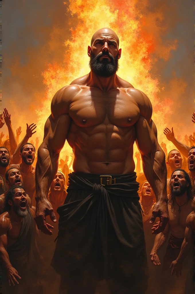 bald, with a neat beard, muscular man of 30 years old, serious concentrated face, rises from the ashes, rises from his knees, from all sides a crowd of different people men and women, shouting something at him condemning, focus on the man, shooting from below, oil painting