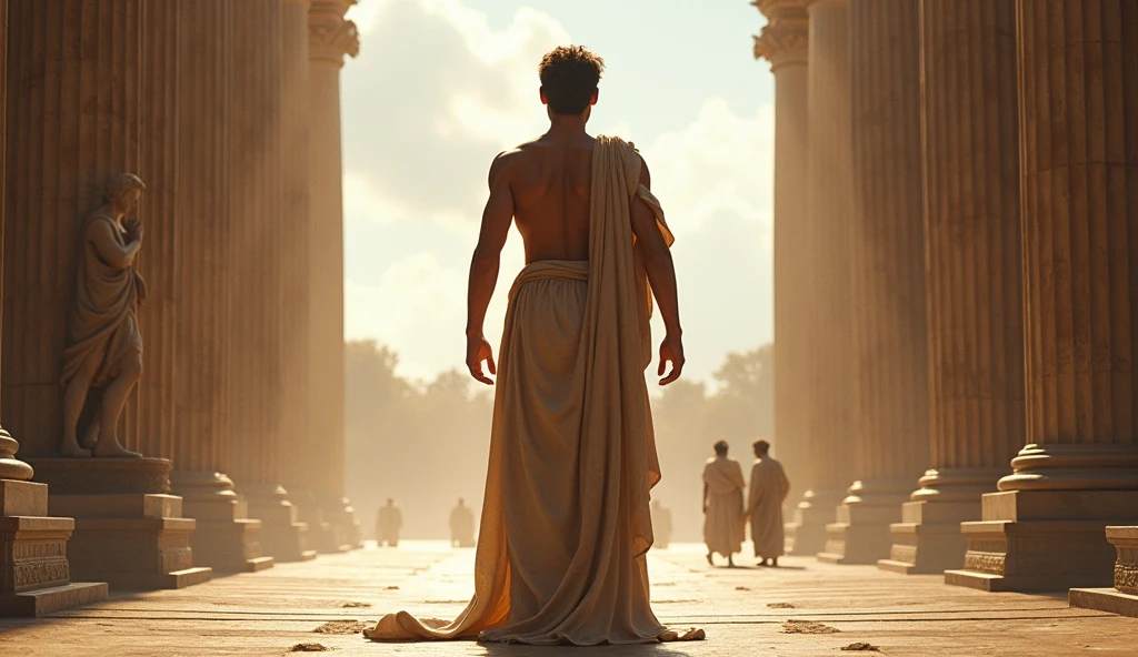 The young Stoic philosopher is shown standing tall and resolute in the center of a large Roman forum, his posture embodying strength and confidence. With his hand on a pillar, he gazes out into the distance, as if seeing new possibilities on the horizon. His tunic, open at the shoulder, reveals his well-sculpted chest and arms. The morning light illuminates his bronzed skin, casting long shadows that highlight his muscular form. The grand columns and marble statues around him reinforce the idea that obstacles are now seen as opportunities for growth, as taught by Marcus Aurelius.