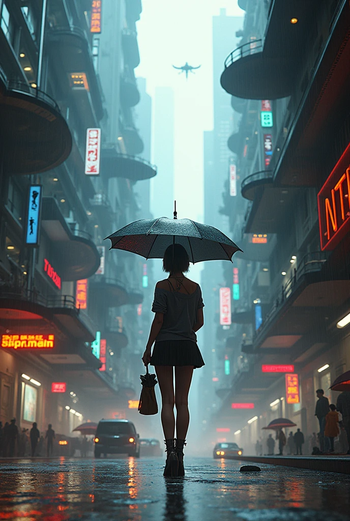 Cyberpunk,fly city,l,hold umbrella girl ,sence,3d,stand middle of city,more light