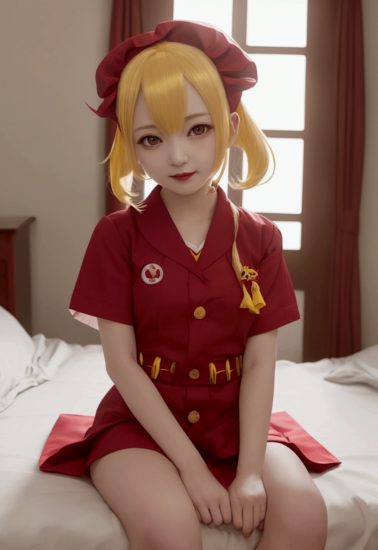 Oriental Project, Flandre Scarlet sitting on bed in JK uniform, hands crossed at waist, light yellow hair, warm lighting, blurred foreground, cute, , anime, 4k, with demon wings, shower cap, masterpiece, upper body
