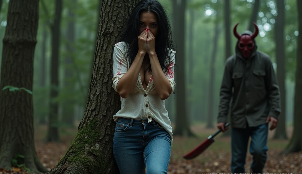 ultra realistic, photography, long black straight hair, messy hair, (30 years old, hazel eyes, hourglass figure, perfect fit body, natural big breasts), femme fatale, she is wearing a very ripped and torn blouse with a plunging neckline, pushed down over her right shoulder, blood is on her blouse, there are bloodstains on her blue jeans, her sneakers are dirty, she is hiding in the woods, standing behind a huge tree, she is leaning against the tree, she is hiding, she looks scared, a guy with a devils mask and a bloody machete is approaching behind her, he is looking around, extreme wide angle