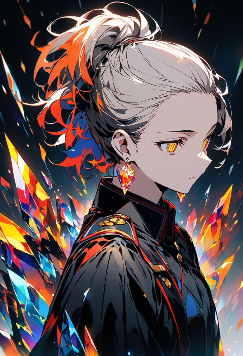 Military uniform、Short Hair、Hair tied back low、Slit eyes、Wearing crystal earrings with different colors on each side、、1 person、Expressionless、