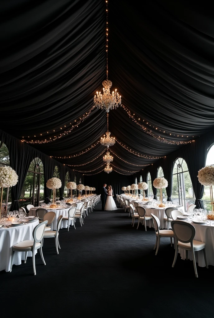 Genoretor a picture of large tent of marriage function with black theme with black roof and carpet with white table and chairs 