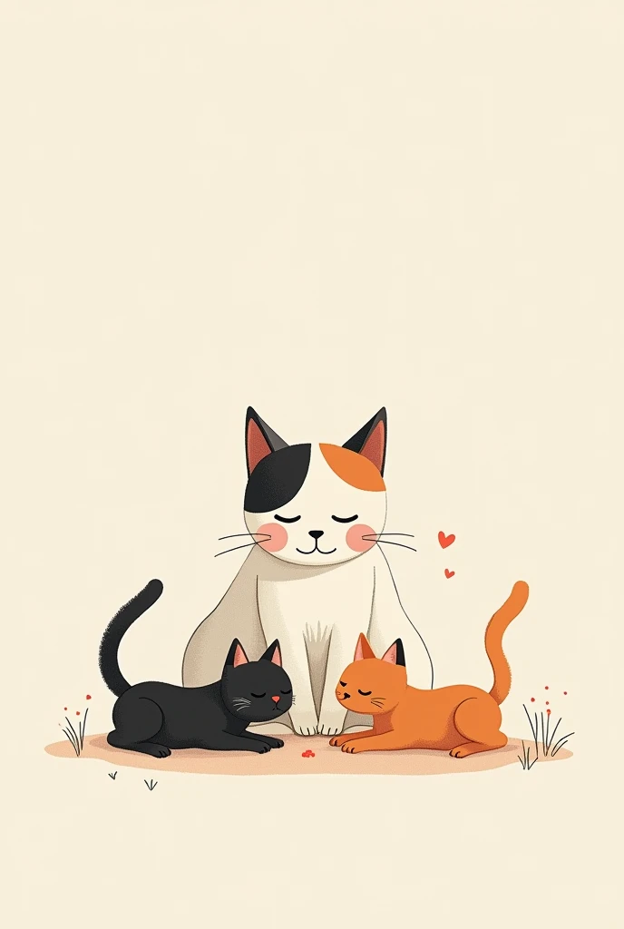 Un dessin de tatouage, vaaaec une chatte qui veille sur 2 chatons en train de jouer. Pleine d'amour. Dans un style géométrique non realiste avec des traits tres fins
