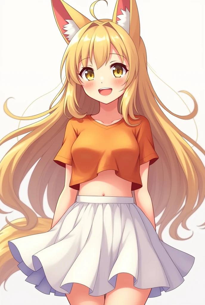 Beautiful anime girl long hair smiley face with a fox ear wearing an beautiful orange crop top, white short skirt and stocking. no background. Front lighting