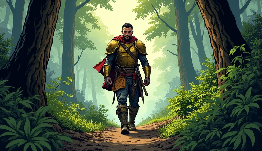 Arav Begins His Journey
Description: In a comic style, Arav is shown walking through a dense forest, determined but still troubled. He’s wearing the same bronze armor, though he has removed his helmet. The path is rugged, with tall trees on either side, and the forest is bathed in the soft light of early morning.