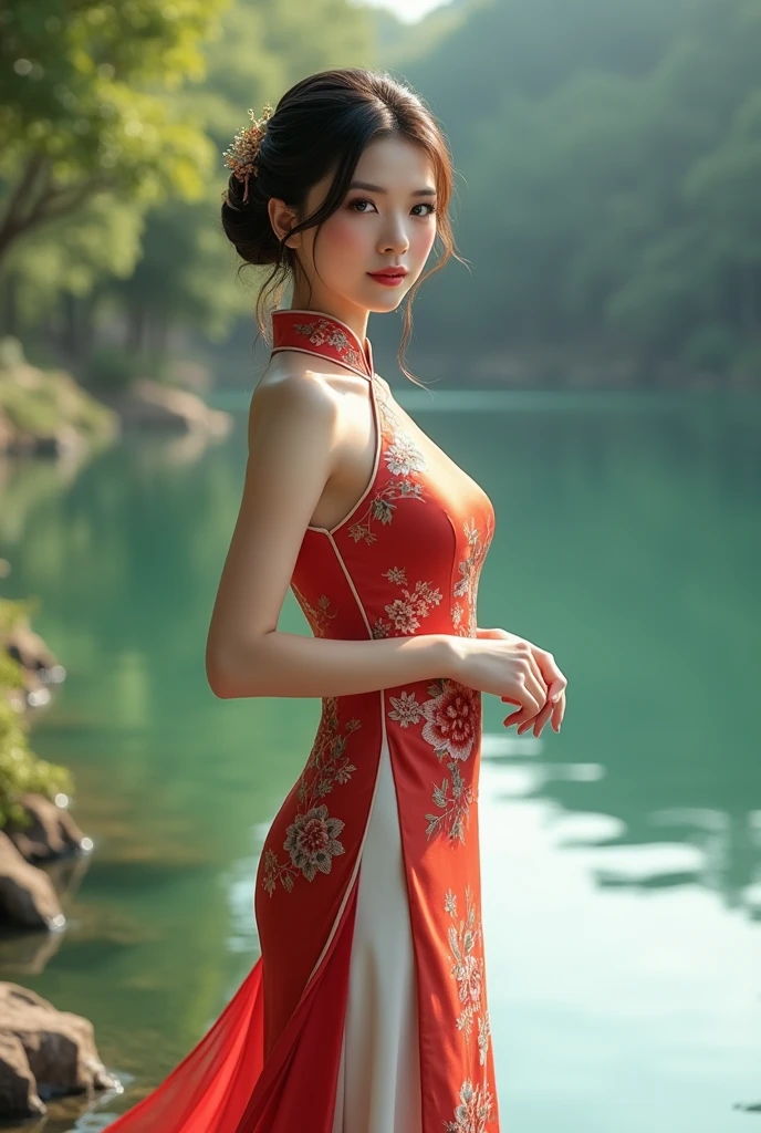 Chinese cheongsam for women，at the waterside