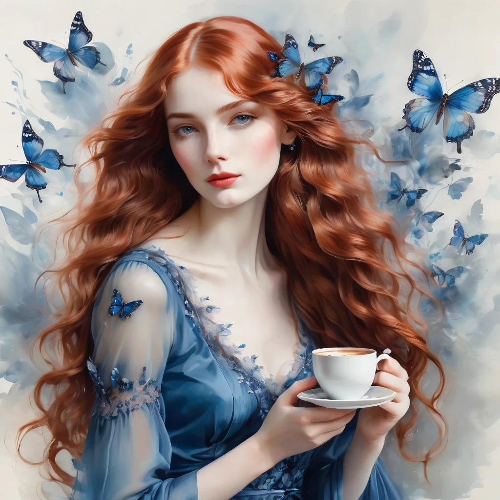 Girl with long wavy bright red hair, brews coffee in a Turk, She is wearing a blue transparent chiffon dress with blue little butterflies, lace, the style of the artist John Singer Sargent, eye contact, 8 K,12K, 