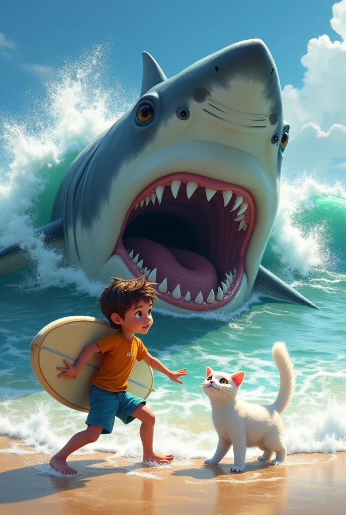 Here is a prompt:
"A brave named Timmy is on a mission to save his terrified white furr cat, Whiskers, from the jaws of a fierce shark that has suddenly appeared on the beach. With a surge of adrenaline and a quick thinking, Timmy uses his surfboard to defend Whiskers and chase the shark back into the ocean."
Would you like me to generate an image based on this prompt?