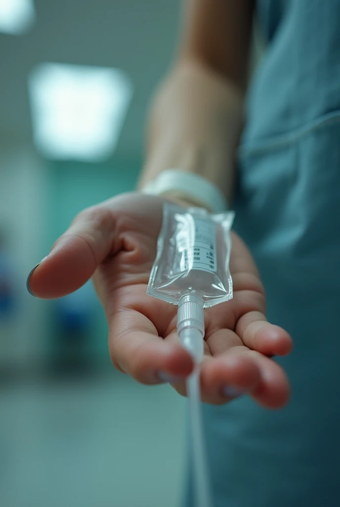 Make a point of view picture of a girl's hand that has a dextrose.