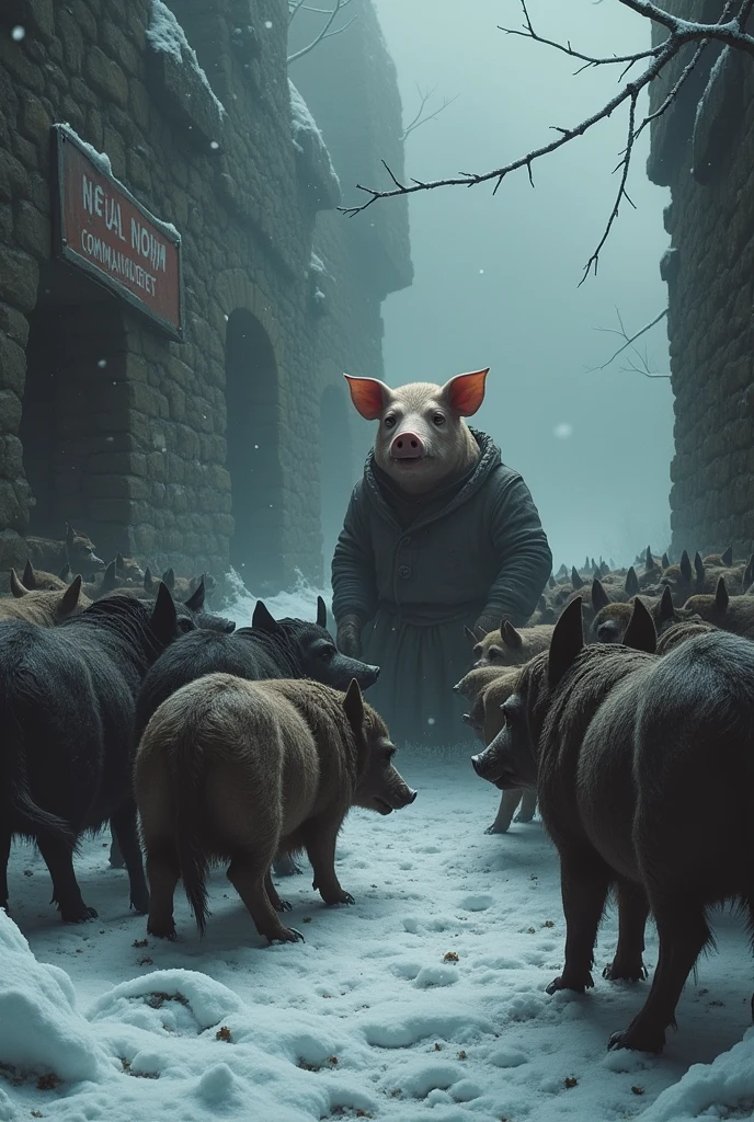 a dark and frozen winter landscape, where a group of hungry and desolate animals are gathered in a corner, with looks of fear and despair. In the middle, a pig (Napoleon) It appears imposing, surrounded by his fierce dogs that bark and watch, while in the background you can see a sign with the altered commandment that says: "No animal shall kill another animal without reason.".