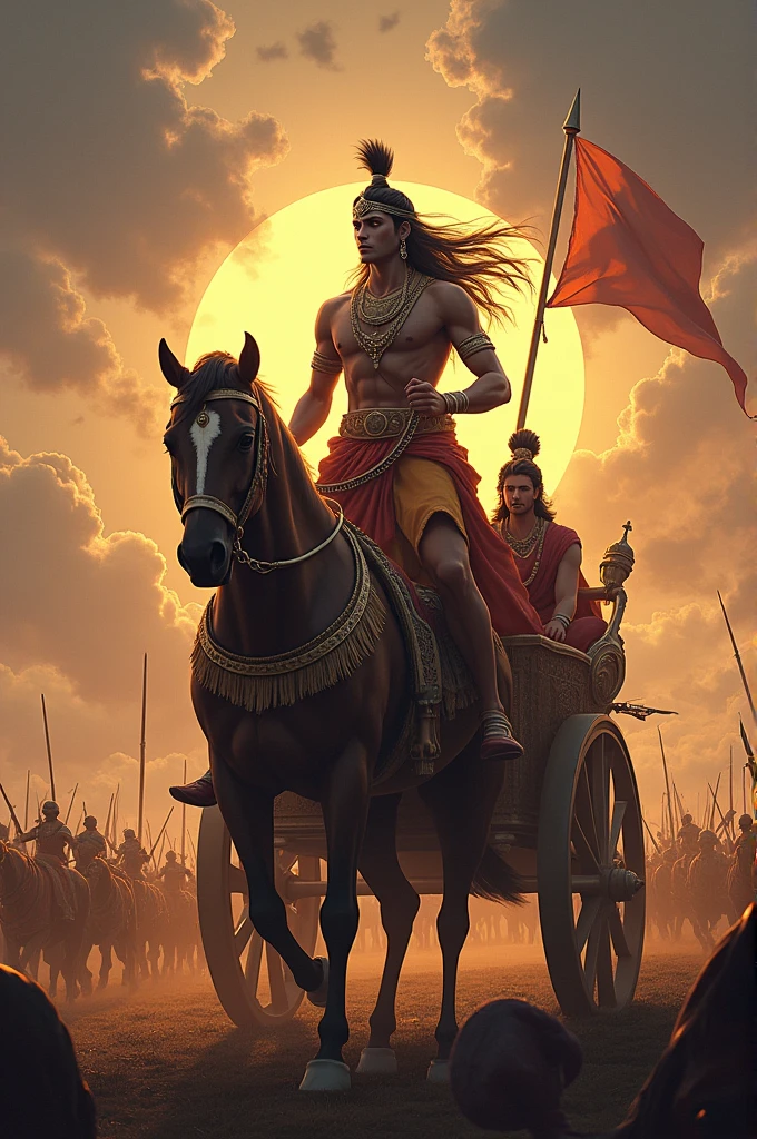 Krishna on the chariot with Arjuna in the battlefield