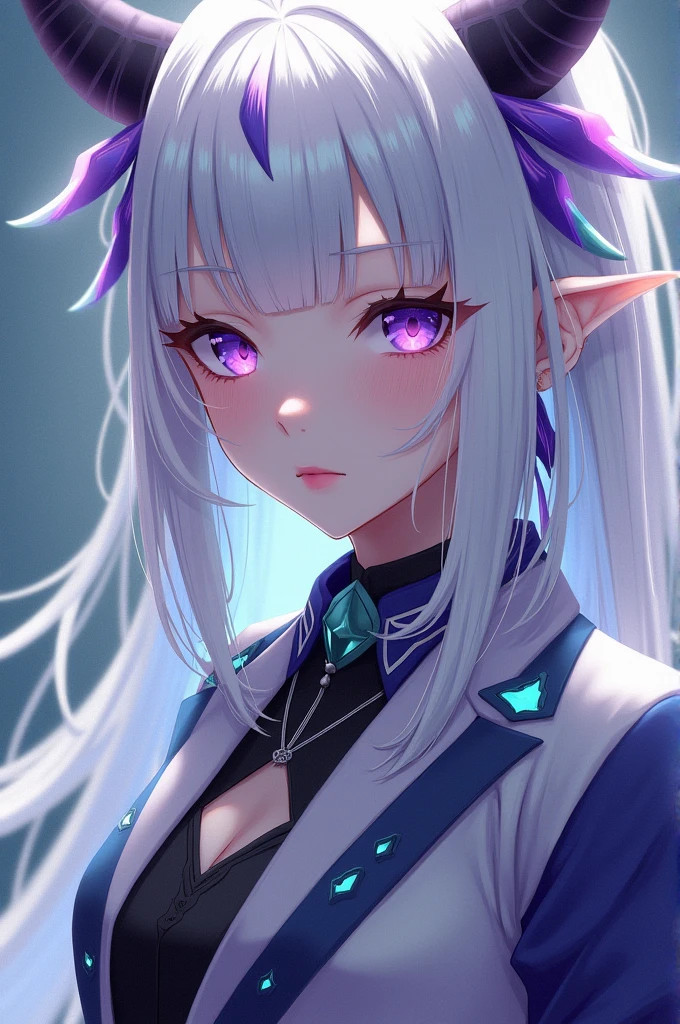 White haired girl with purple and turquoise hair streaks, lilac eyes, Pale skin, with an anime style demon slayer uniform 