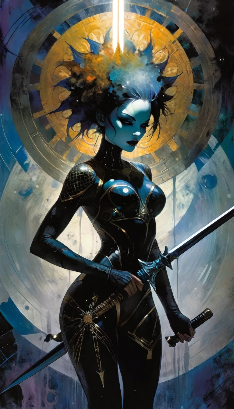1girl, alone, MANdALA fractal black body paint, sexy, multicolored hair galactic soldier holding a galactic mandala gray sword with both hands, mandala helmet and ready to attack aggressively, ZZZ, ZENLESSZONEZERO, eroticism, sexy, black and white image, between shadows, oil painting, chiaroscuro, sensual, dramatic lighting, moody atmosphere, photorealistic, intricate details, masterpiece, ultra-detailed, high quality, 8k, best quality, realistic, cinematic, dark and brooding, expressionistic, powerful composition, emotional impact, art inspired by Bill Sienkiewicz and Dave McKean
