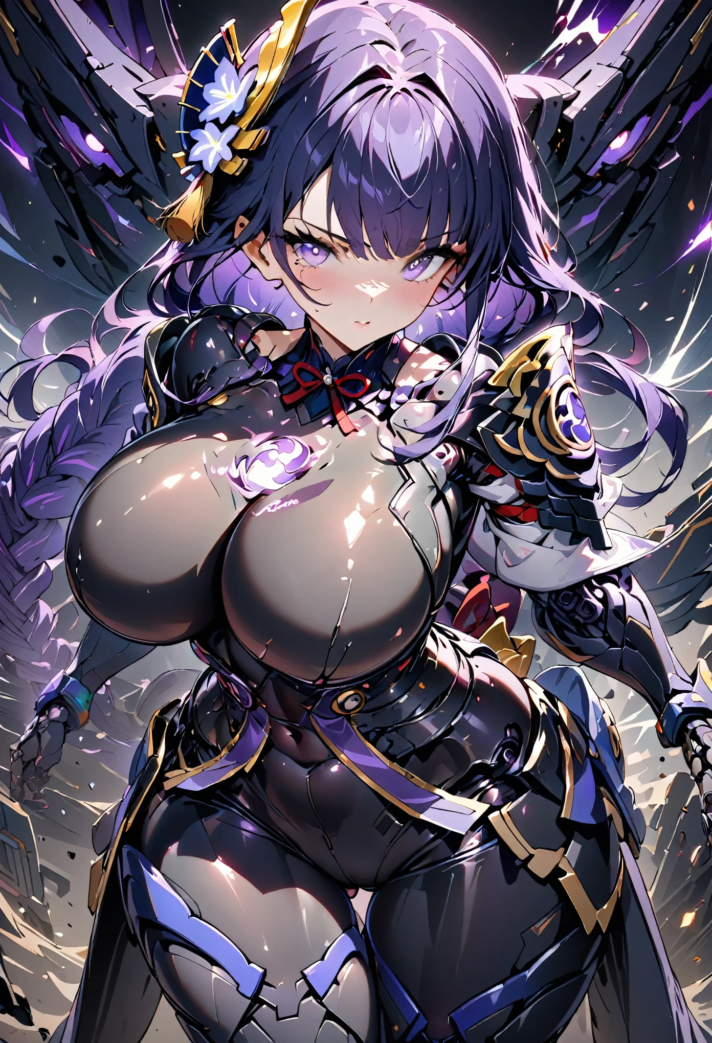 (8k, best quality, masterpiece:1.2),\(Eye details\),\(Facial features details\),(\(Clothes details details\)\),(1 girl:1.3),独奏,upper body,(/raiden shogun/),purple hair,(shiny eyes),Engraving,(There is a purple light on the chest.),Mecha Girl,Biochemical modification of people,(Mechanical joints:1.3),[mecha tight](black stocking bodysuit:1.25),(mecha tight:1.3)+(thigh large area outcuting),huge breasts,((silm waist)),