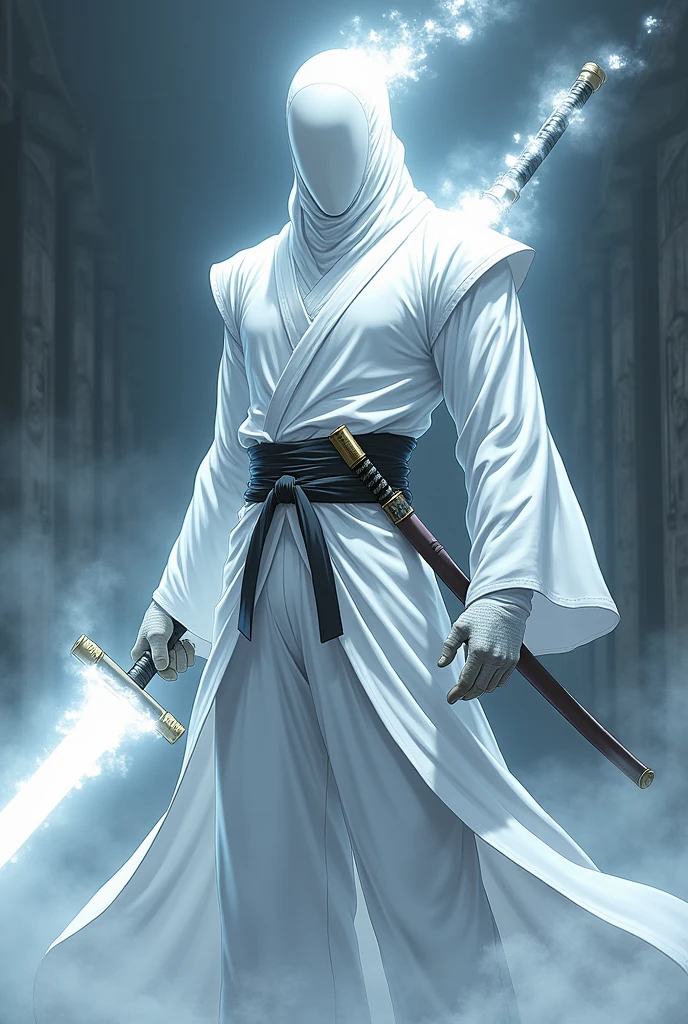 Anime style Warrior good physical shape without eyes with white Japanese ninja combat suit with white full mask without face has steam on his body that has a katana that has white fire,