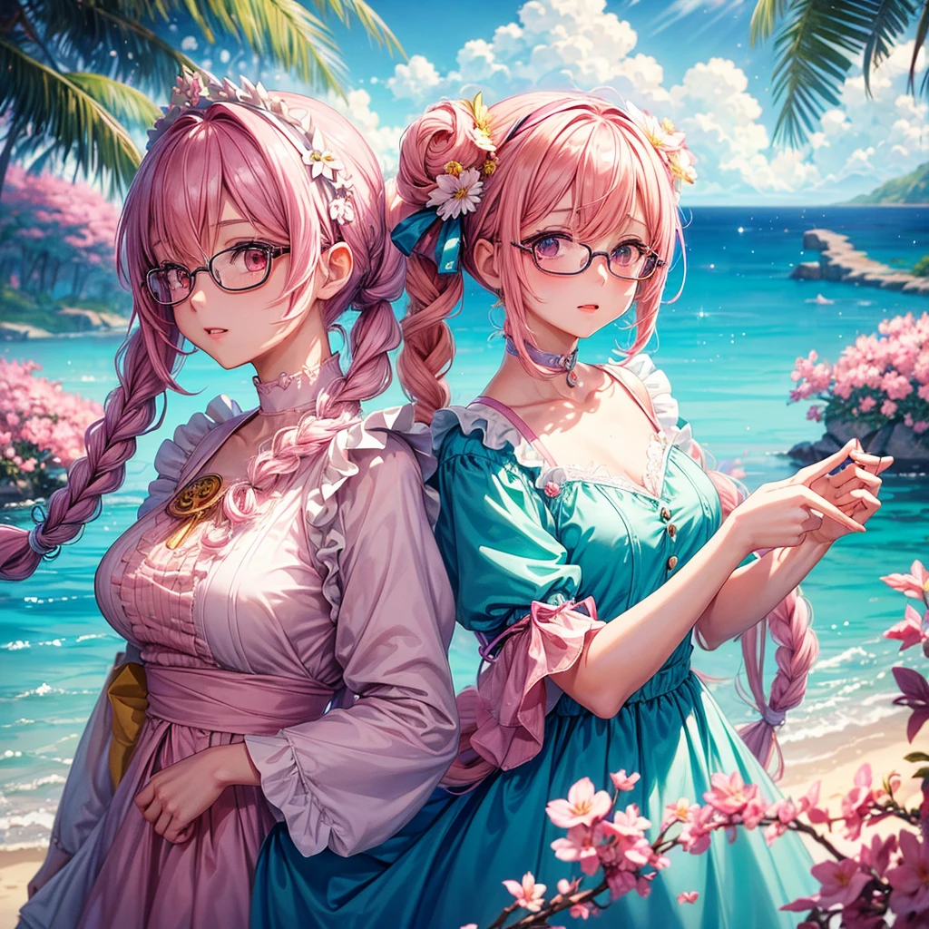 ((masterpiece, best quality, extremely detailed, absurdres)), anime style, 1girl, cute, moe, She wears clear glasses and a cold mask, pink hair, white flower hair accessory, cute girl, Braided short cut, one-piece pie with hand, loves milky pie, soft lighting, detailed face, pastel colors, outdoors (background is paradise galaxy:1.3), sunlight, floral elements, moe anime charactor, --1girl, --cute, --moe, --pink hair, --milky pie, --one-piece pie, --glasses, --cold Mask,--anime charactor, --paradise galaxy, --sexy