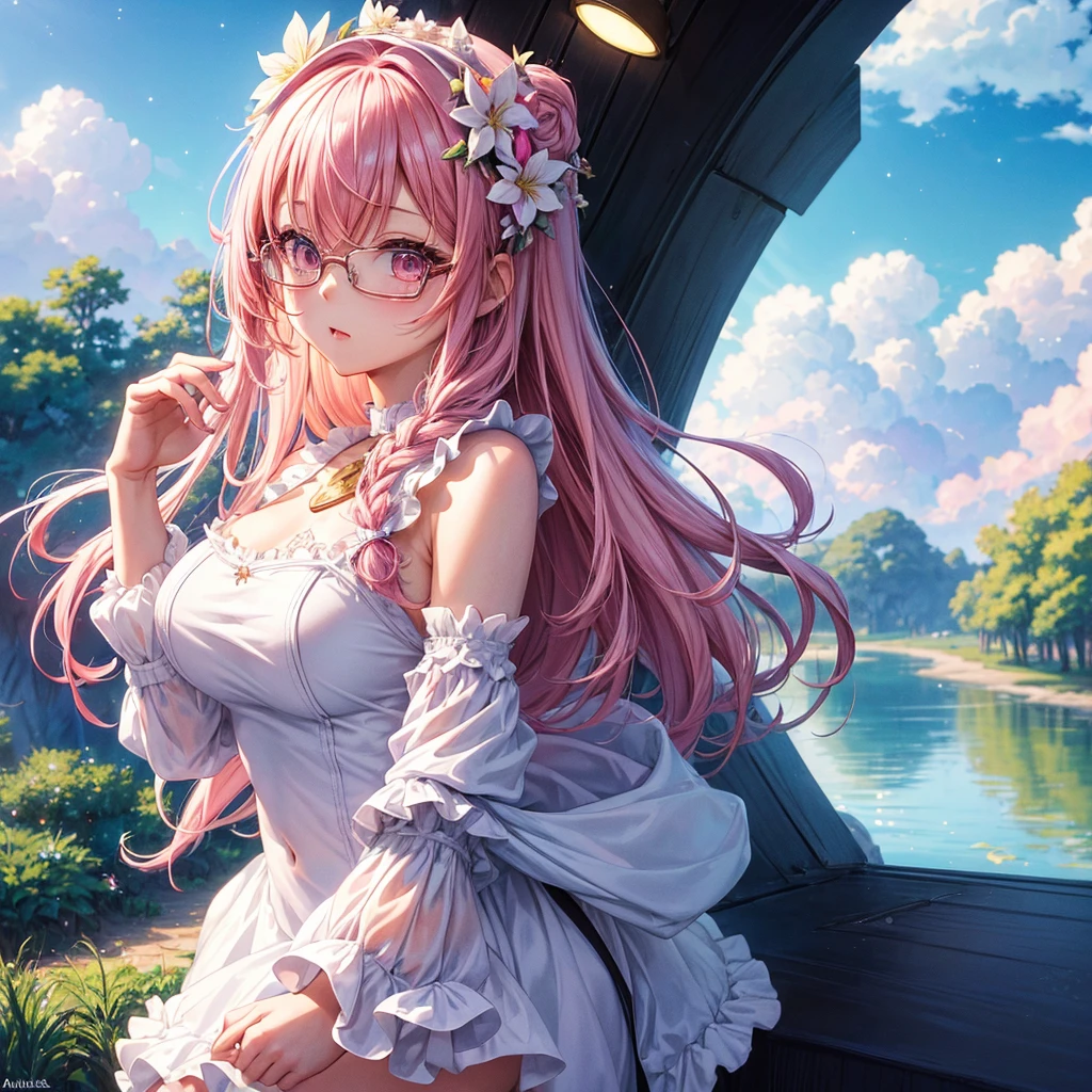 handsome girl,blue-eyes,blue pupils,Long pink hair,Hyperresolution,accuracy,Detailed rendering,(Subtle facial image)(Image of fine hair)(topquality)(Masterpieces of masters)(High degree of completeness)(A sense of atmosphere)tmasterpiece,Super detailed and super detailed(half-body portrait), long wavy pink hair, , in water, (((tHICK WAVY HAIR)))(((ANKLE LENGTH HAIR)))(((Blushing)))(((Huge breasts)))(((LARGER BREASTS))) large breasts, bigger breasts (((Bigger breasts))) (((Blushing))) (((Sakimichan))) (((Pink hair))) (((cute outfit)))(((Casual outfit)))