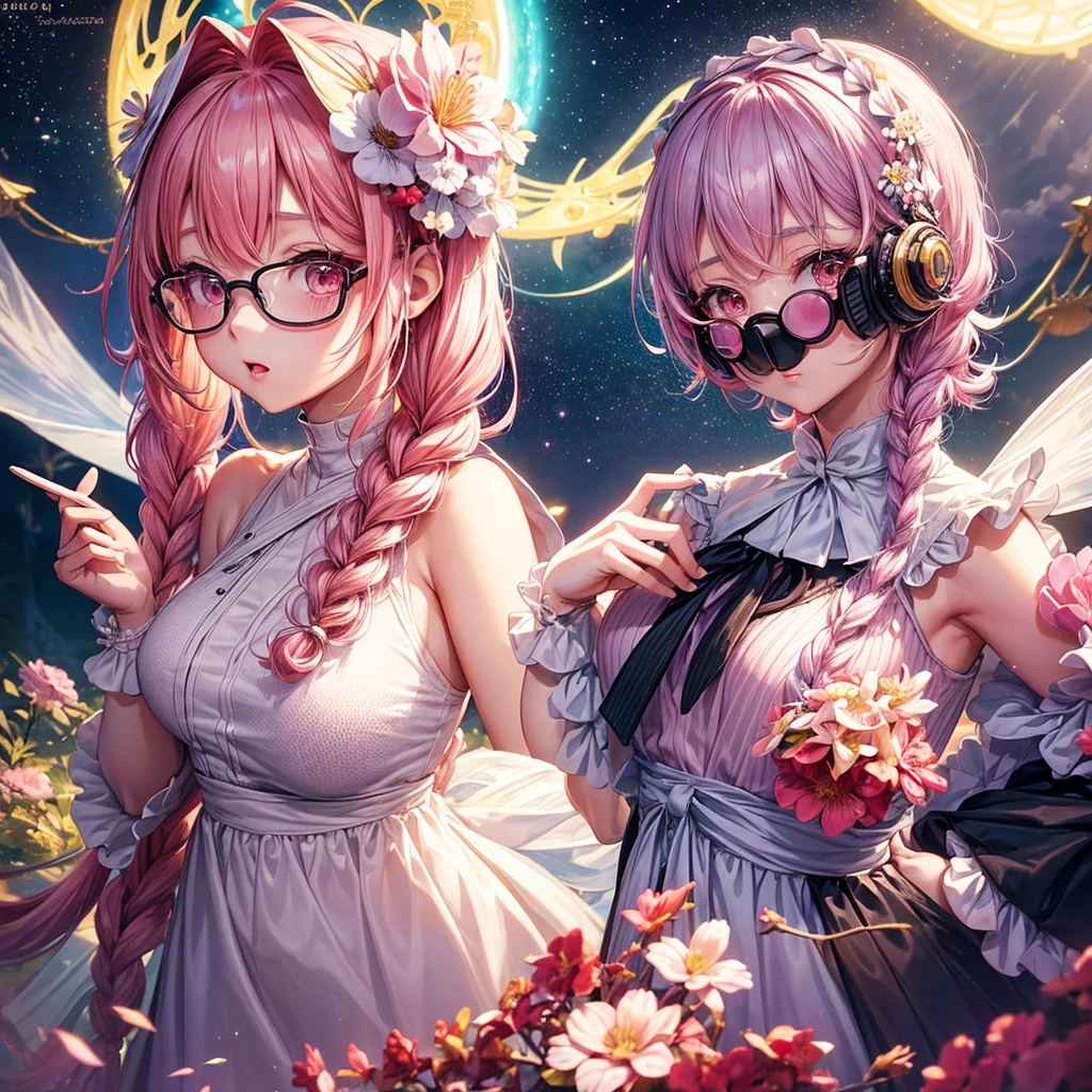 ((masterpiece, best quality, extremely detailed, absurdres)), anime style, 1girl, cute, moe, She wears clear glasses and a cold mask, pink hair, white flower hair accessory, cute girl, Braided short cut, one-piece pie with hand, loves milky pie, soft lighting, detailed face, pastel colors, outdoors (background is paradise galaxy:1.3), sunlight, floral elements, moe anime charactor, --1girl, --cute, --moe, --pink hair, --milky pie, --one-piece pie, --glasses, --cold Mask,--anime charactor, --paradise galaxy, --sexy 