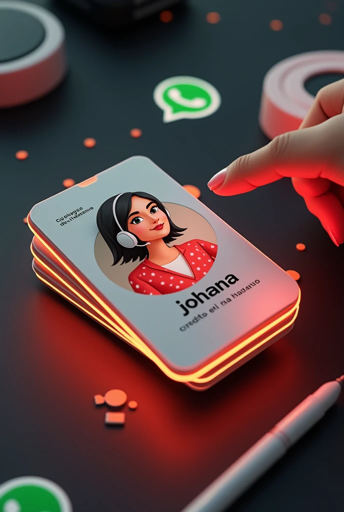 Create a glass personal business card of a WhatsApp profile placed on a black desk, At the top of the card a phrase in the Spanish language that says CREDITO NA HORA and that shows the large WhatsApp logo, create a 3D illustration of a short haired latina woman, You must wear a red blouse with white dots and a white headset. The photo of the woman will be in a circle with the name of the WhatsApp social network user Johana in black below the profile photo and WhatsApp message bubbles., WhatsApp card glows red and yellow on the edge. In one corner is the one held with two fingers.