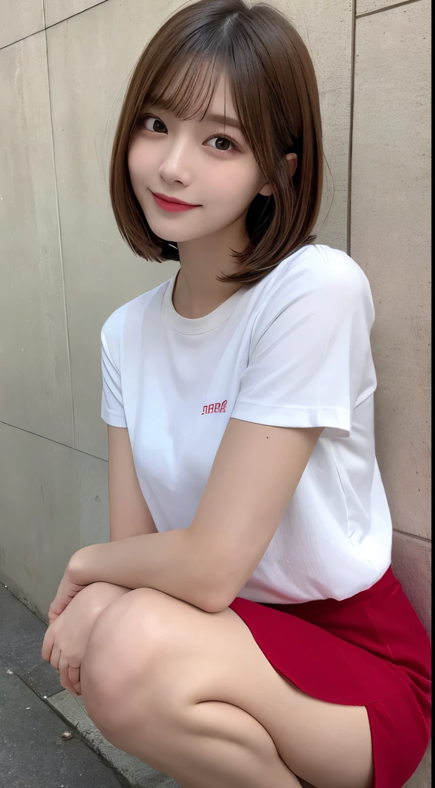 In detail,Full body photo、 smile、High resolution, high quality、Perfect dynamic composition, Beautiful details, blonde、Bobcut、Natural color lip,Kamimei、1 person、1 person、Beautiful Skin、White shirt、Red mini skirt、Thighs、Shiny Hair、最high quality, shape, Very detailed, In detail, High resolution, 8k、The correct state of the human body、Squat、Sculpture model pose，Pink Wall