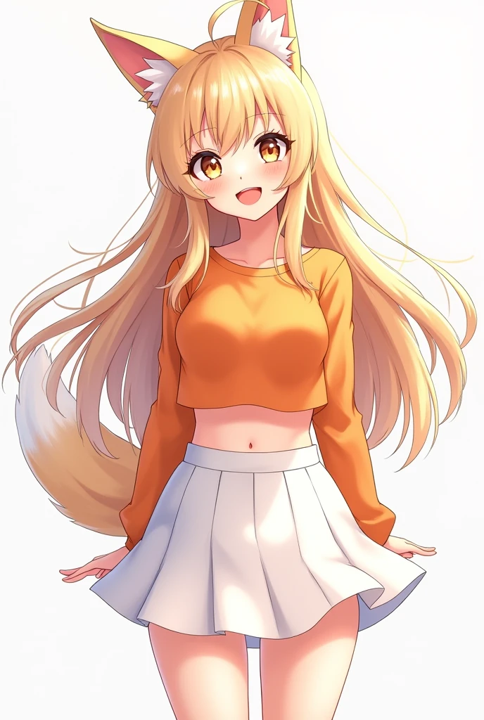 Beautiful anime girl long hair smiley face with a fox ear wearing an beautiful orange crop top, white short skirt and stocking. no background. Front lighting