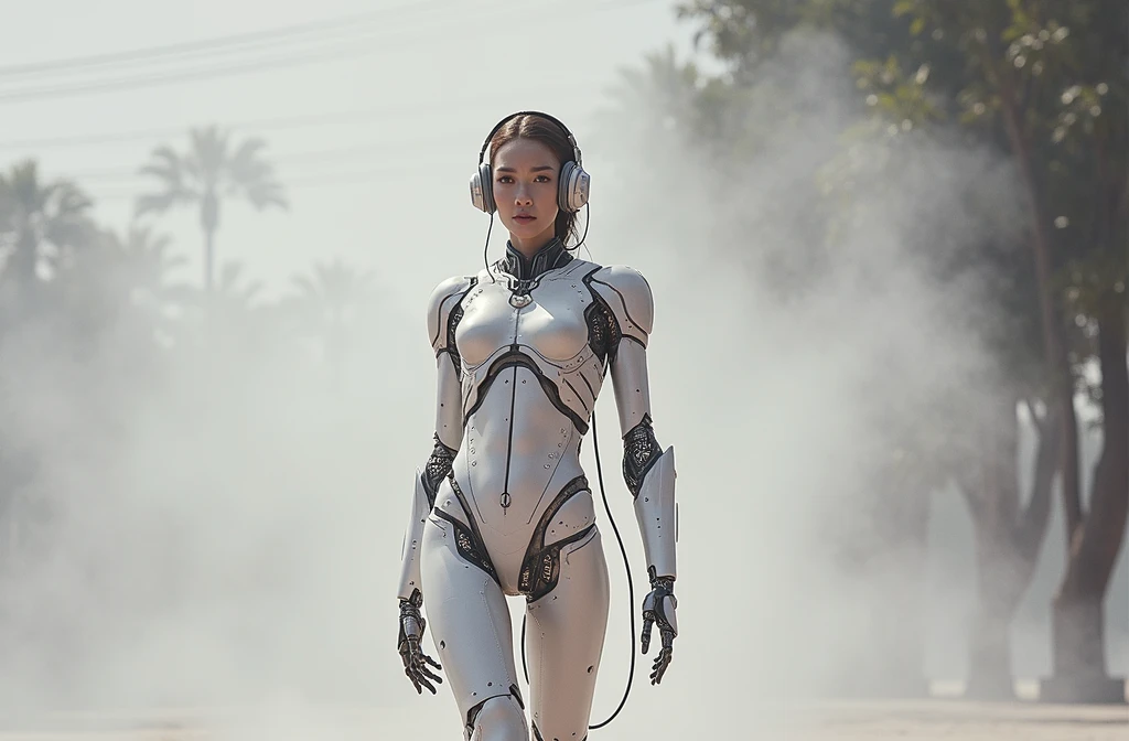 A photoreal crystal clear film still of a KAMILLA RODRIGUES ALMEIDA look a like, face NOT robot, she is a biomechanical complex robot, she has a headphone She is built for combat but still cute. Each joint, cable, and piston is meticulously detailed, emphasizing her raw power and emotion A subtle mist surrounds the figure, catching the light and adding an air of mystery and danger.