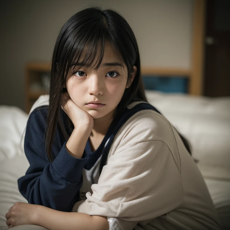 Very tired woman, Portrait of a depressed, Sleepy look, depressed Sad expression, Tired look, Portrait of a depressed teenager, anime. Soft lighting, Tired movie stills, Young Asian Woman, Shot with Sony A7R camera, Sad expression, kimi takemura, Young Asian
