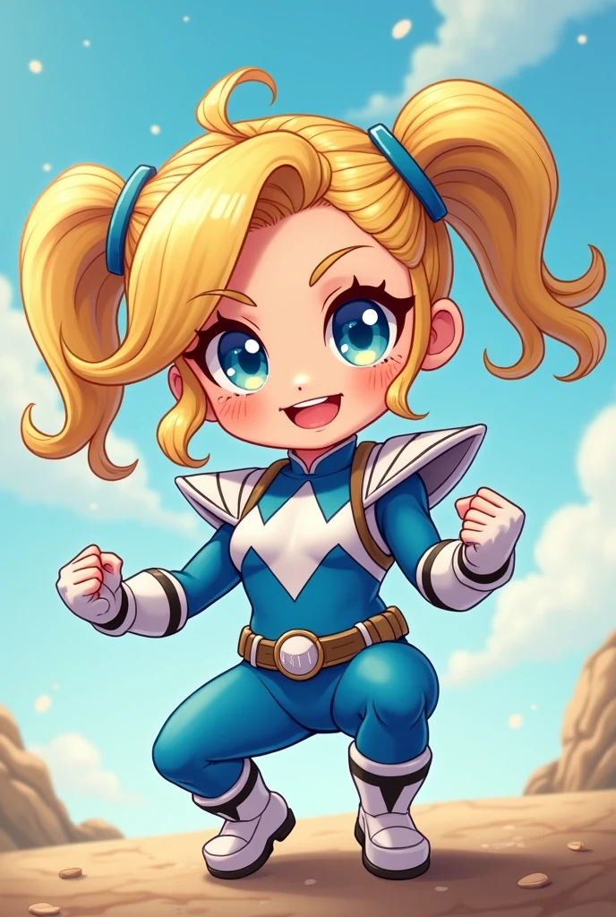 Chibi, fitnes girl, sexy, cute, smile, blue eyes, sunnny day, power rangers blue white latex clothes, ombreira, yellow hair, thicc,cartoon,
