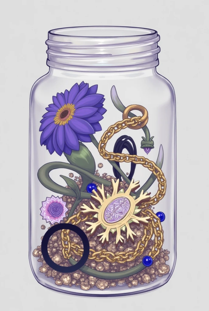 a black hair tie, a purple flower, a star, a snowflake, a golden chain, are inside a jar