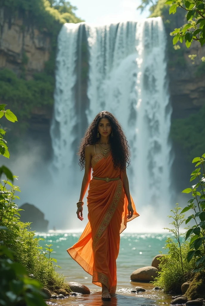 (photorealism:1.2), beautiful woman, walking infront of watar fall,waring shari, long curly hair, out doors, soft lighting, plants in background