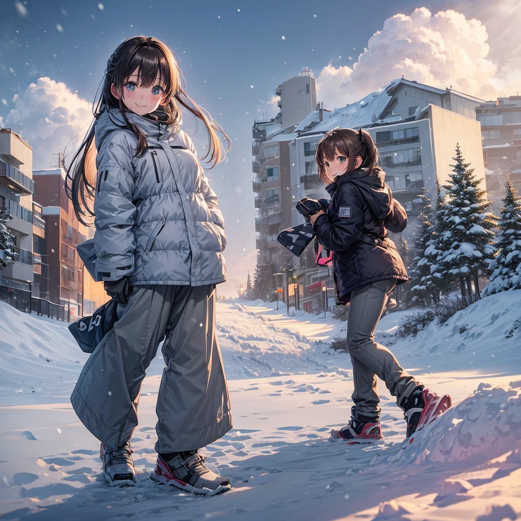 anime, Tabletop, Highest quality, 8k_wallpaper, (Beautiful Eyes), ((Snow is piling up)), cute, (Grey outerwear、Grey trousers),One Girl,small ,1 female student、smile、Brown Hair、(((Snow as far as the eye can see)))、Ski resort on a sunny day、Doing snowboarding、