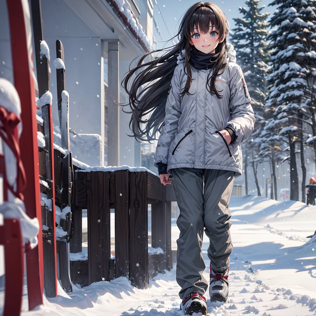 anime, Tabletop, Highest quality, 8k_wallpaper, (Beautiful Eyes), ((Snow is piling up)), cute, (Grey outerwear、Grey trousers),One Girl,small ,1 female student、smile、Brown Hair、(((Snow as far as the eye can see)))、Ski resort on a sunny day、Doing snowboarding、