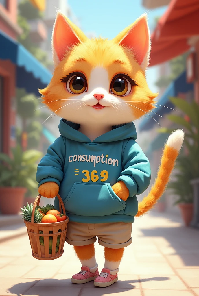 Make my facebook profile picture a girl, she wears youthful clothes, personality blue white and yellow, on the clothes there is Vietnamese writing " Consumption 369 " , her face is the face of a cute cat, she has a shopping basket