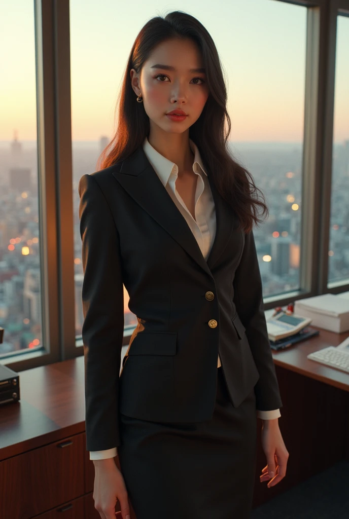 ((80s style)), 1980s japanese office lady, beautiful young woman, attractive, perfect makeup, elegant secretary, detailed face, beautiful eyes and lips, porcelain skin, long hair, business suit, pencil skirt, high heels, office setting, window, city skyline, photorealistic, 8k, highly detailed, cinematic lighting, warm color tone
