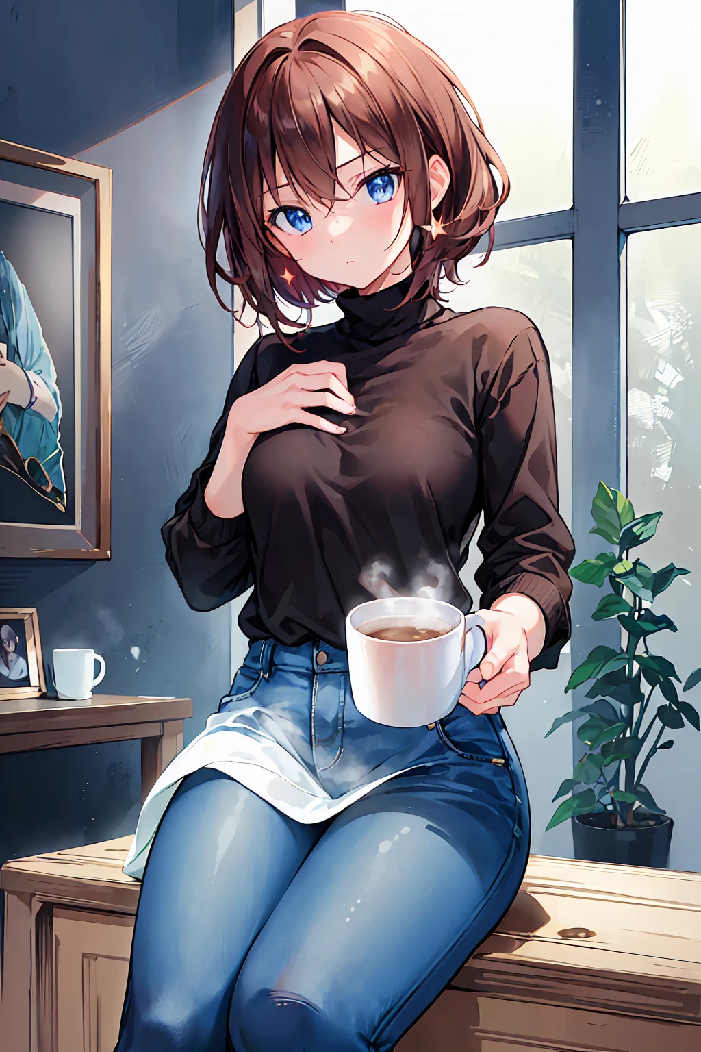 ((masterpiece)), ((Highest quality)), girl,Brown Hair，Shortcuts，Messy Hair，Slender beauty，A dignified posture，Small chest，Beautiful feet，Her captivating grey-blue eyes shine like stars，break (masterpiece:1.2), Highest quality, High resolution, unity 8k wallpaper, (shape:0.8), (Beautiful attention to detail:1.6), Highly detailed face, Perfect lighting, Extremely detailed CG, (Perfect hands, Perfect Anatomy)， ((Anime Style)), black collared blouse, Tight jeans, sneakers, ((Rosy Cheeks)), Hanging Head, holding a large cup of steaming soup, In a cozy room, Soft background lighting, ((Detailed shading and texture)), ((Realistic depiction of soup and mug)).

Anime Styleの, Pair it with a black turtleneck blouse with detailed details., Fitted jeans, tennis, My face turns bright red with embarrassment, sitting with a bowl of hot soup in one&#39;s hand, in a comfy room