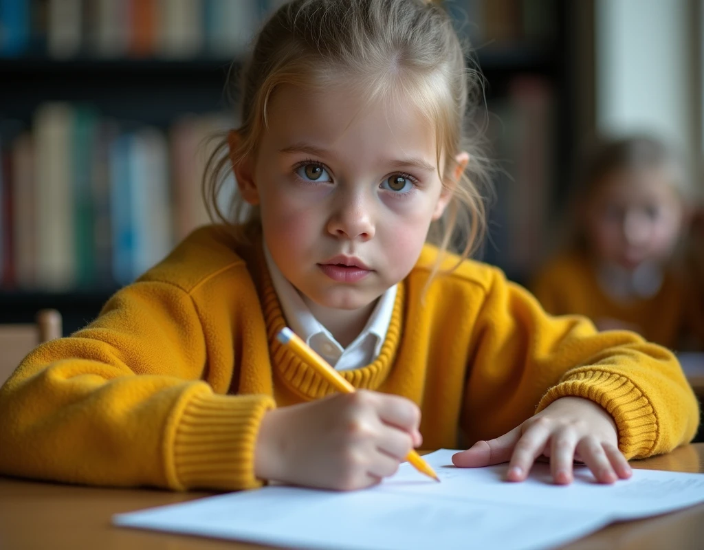 Developing cultural and intellectual skills, education according to the curricula prescribed for students , receiving information in the classroom, a close-up picture of a nordic student wearing a yellow  traditional uniform sitting on a school desk, performing school assignments
