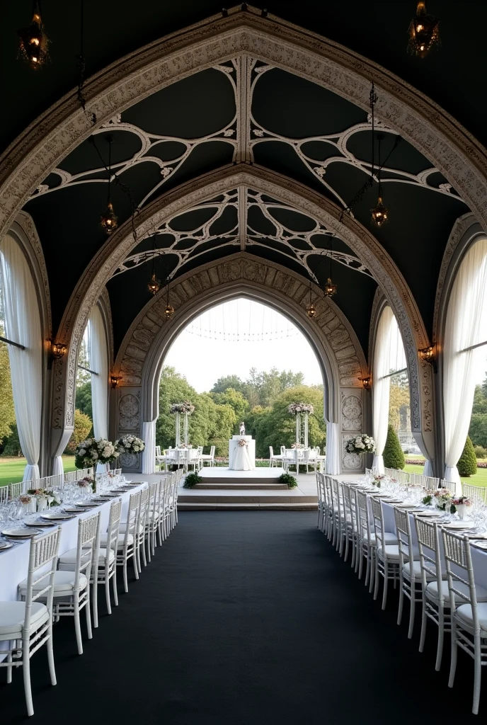 Genoretor a picture of large tent of marriage function with black theme with black roof and carpet with white table and chairs (big tent)