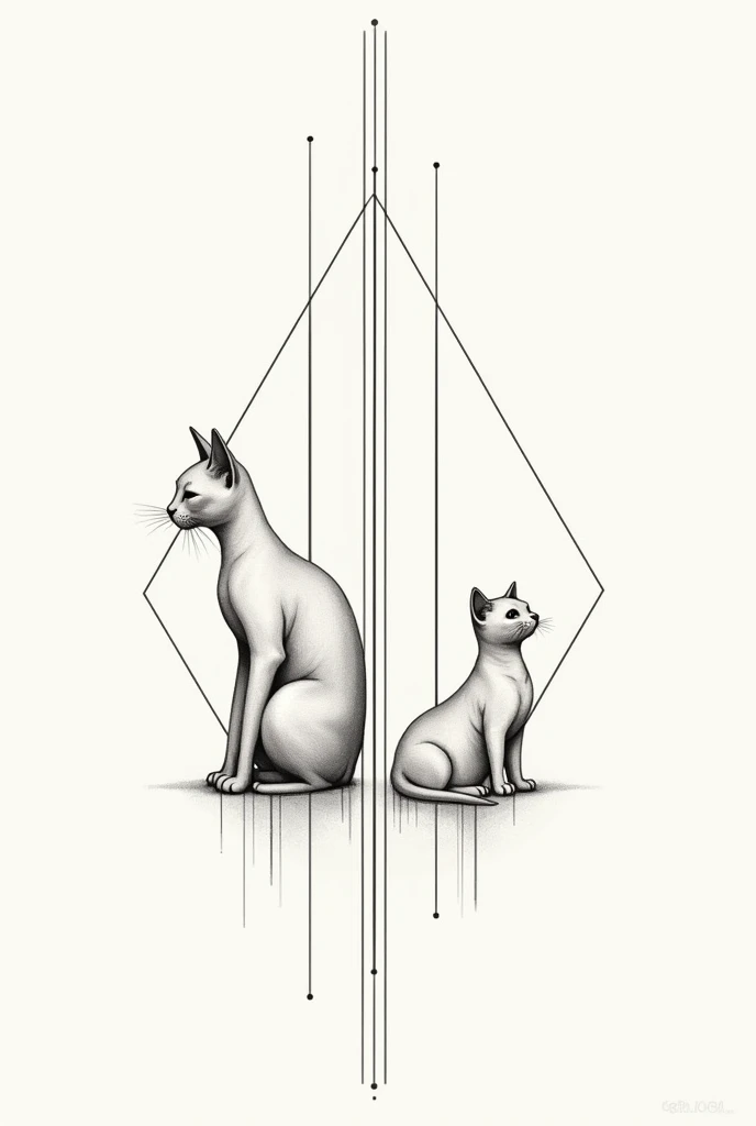 Un dessin de tatouage, geometrique. Au centre un trait vertical. A gauche une chatte. A droite 2 chatons
