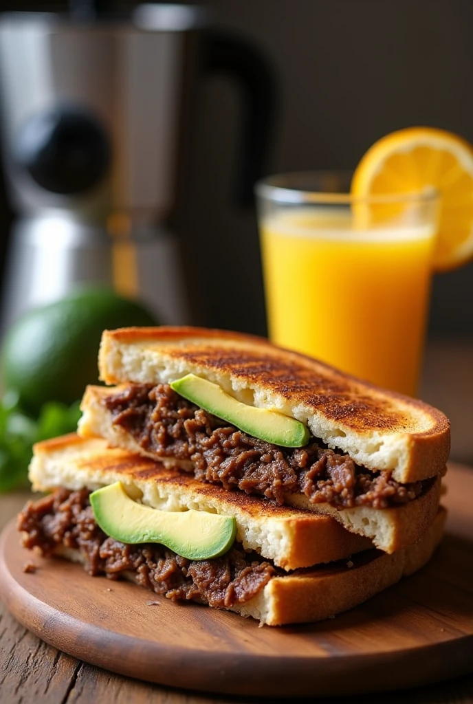 Large shredded beef panini with avocado. Orange juice.