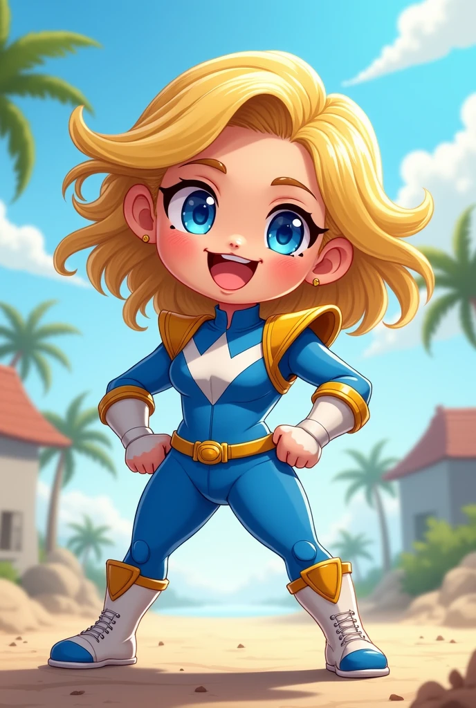 Chibi, fitnes girl, sexy, cute, smile, blue eyes, sunnny day, power rangers blue white latex clothes, ombreira, yellow hair, thicc,cartoon,