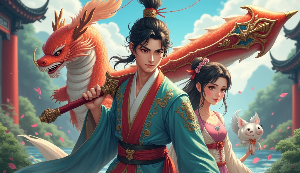 Chinese web novel main character poster anime style man hero with ancient dragon carp weapon pet animal and beatiful girl