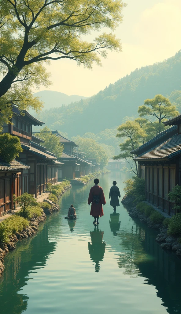 A tranquil scene of a peaceful Japanese village during the Edo period, with samurai walking calmly along a river, realistic, UHD, warm and inviting colors.