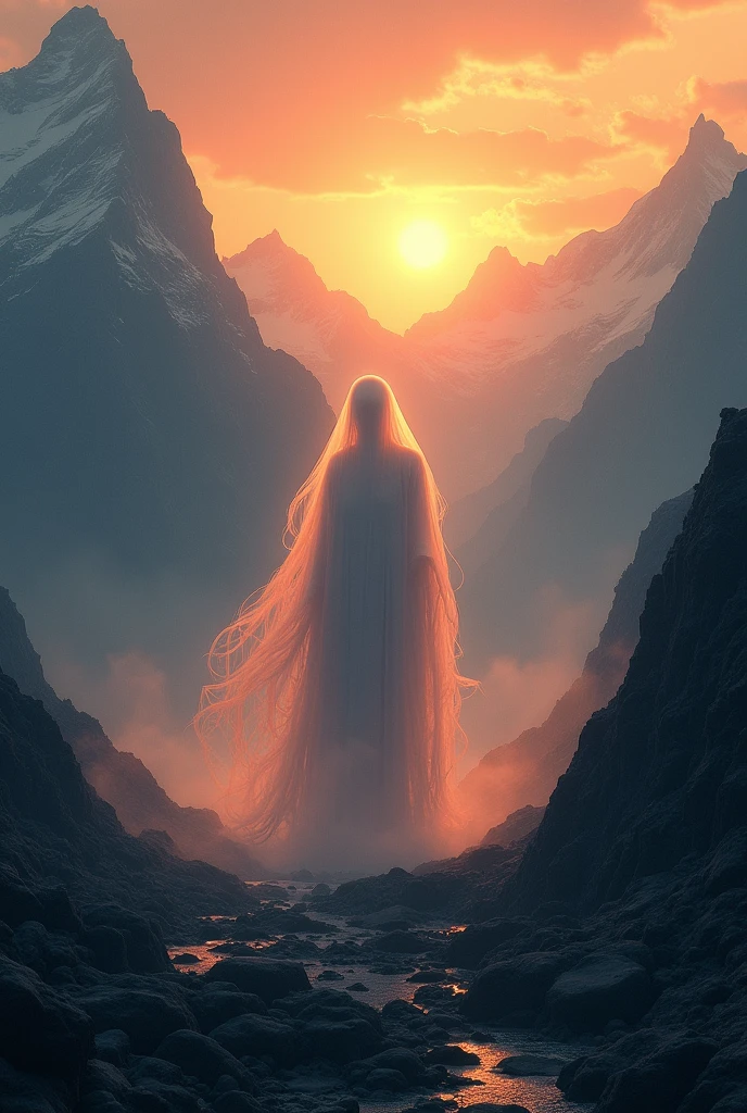 a ghost  in a mountain in sunset
