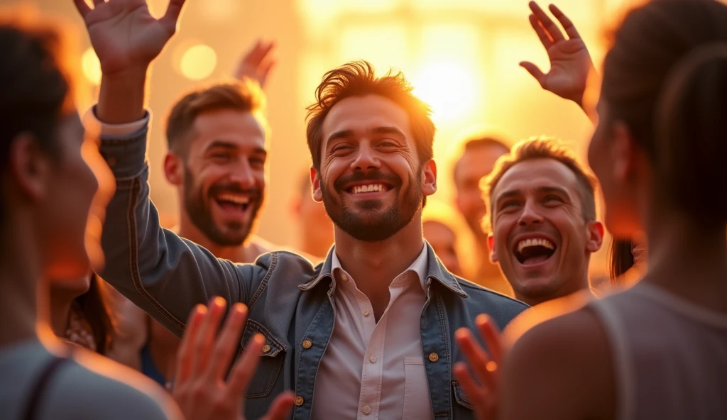 A male is celebrating their success. Surrounded by friends and family, who are cheering and congratulating them, their face shows joy and satisfaction from achieving their dream."